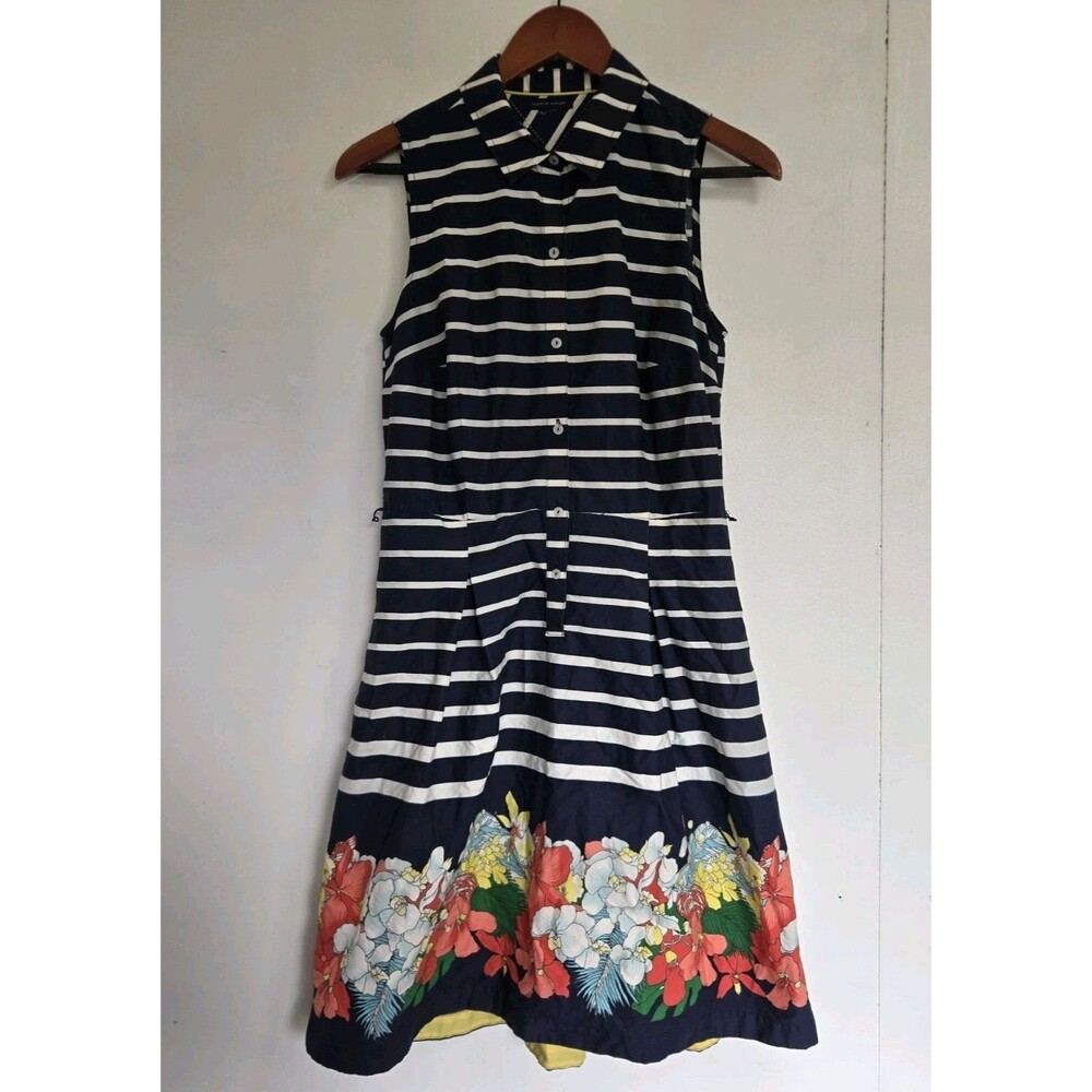 Tommy Hilfiger Dress Womens M Blue White Floral Striped Boho Beach Preppy